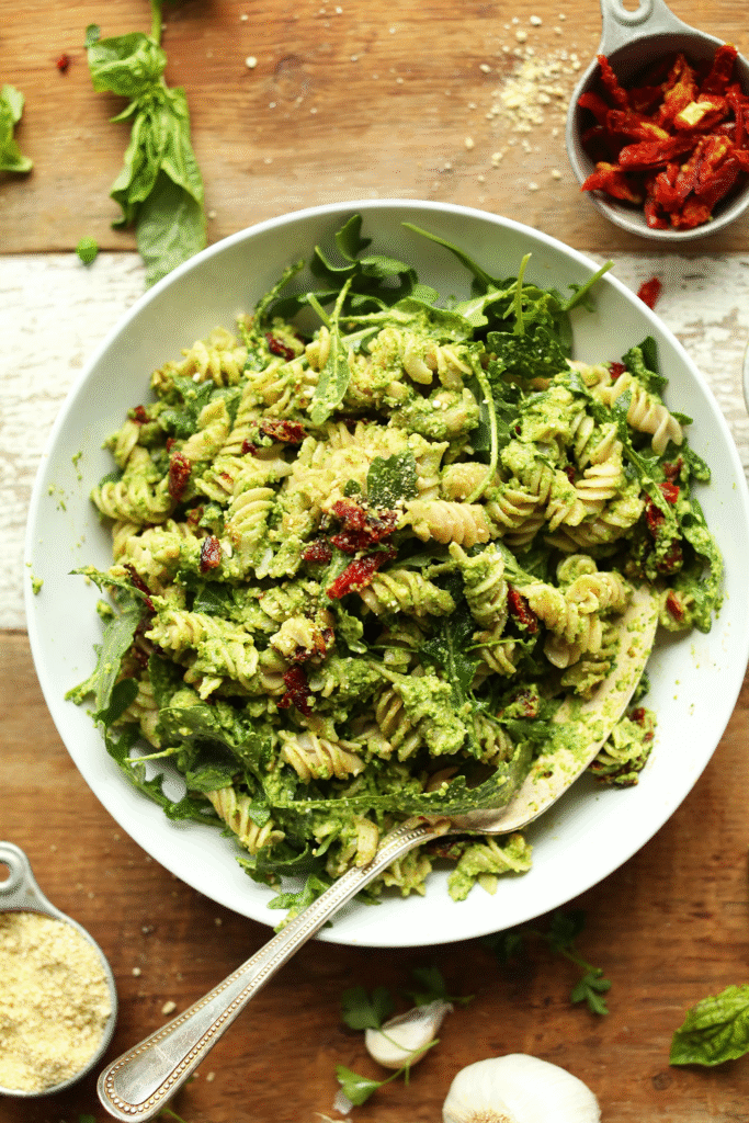 pesto pasta is ready to eat! dig in enjoy!